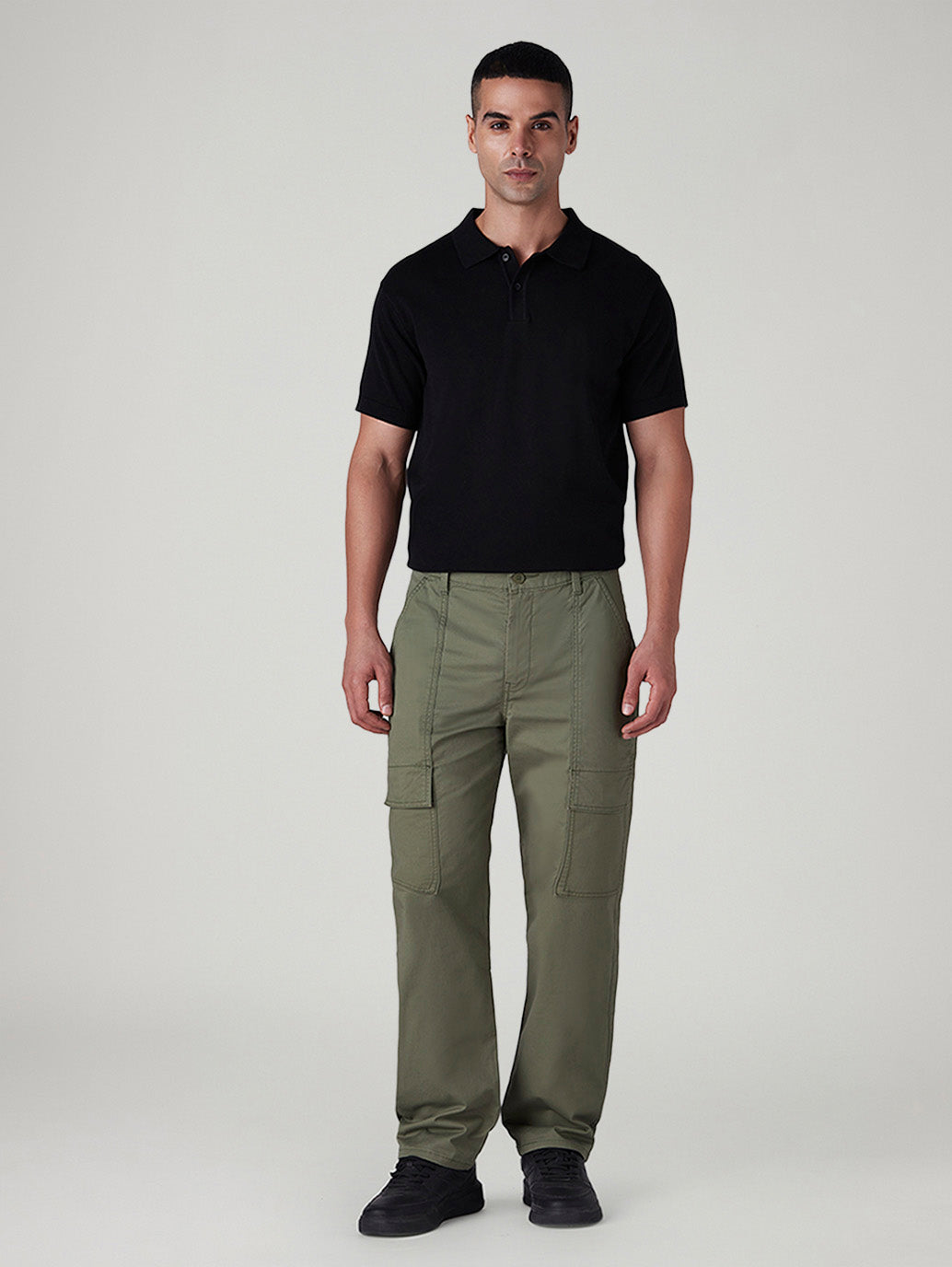 Men's Olive Straight Fit Mid Rise Cargos - Front View