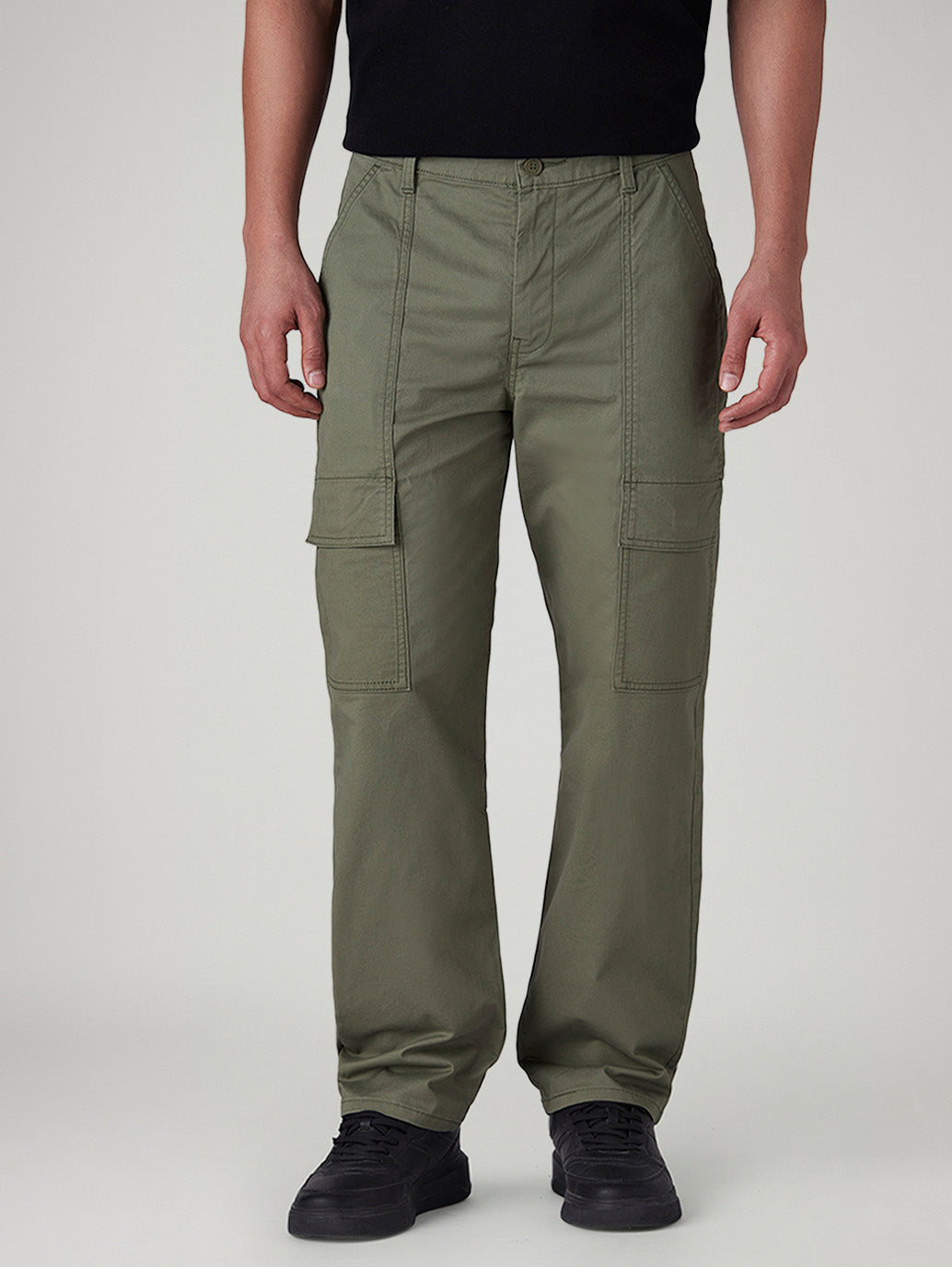 Men's Olive Straight Fit Mid Rise Cargos - Front View