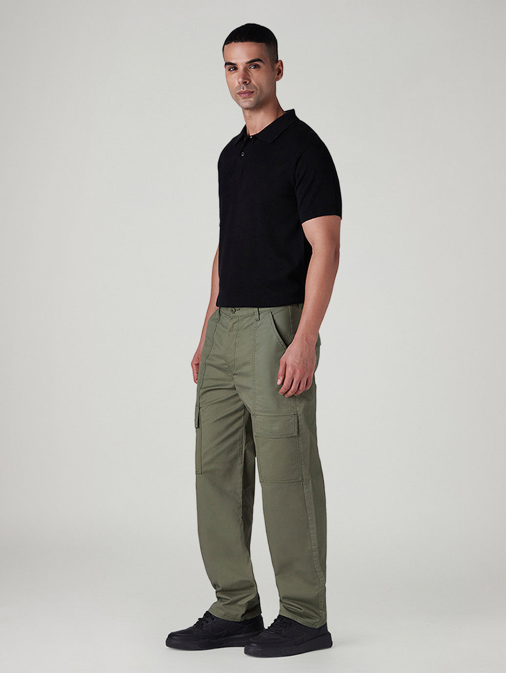 Men's Olive Straight Fit Mid Rise Cargos - Side View