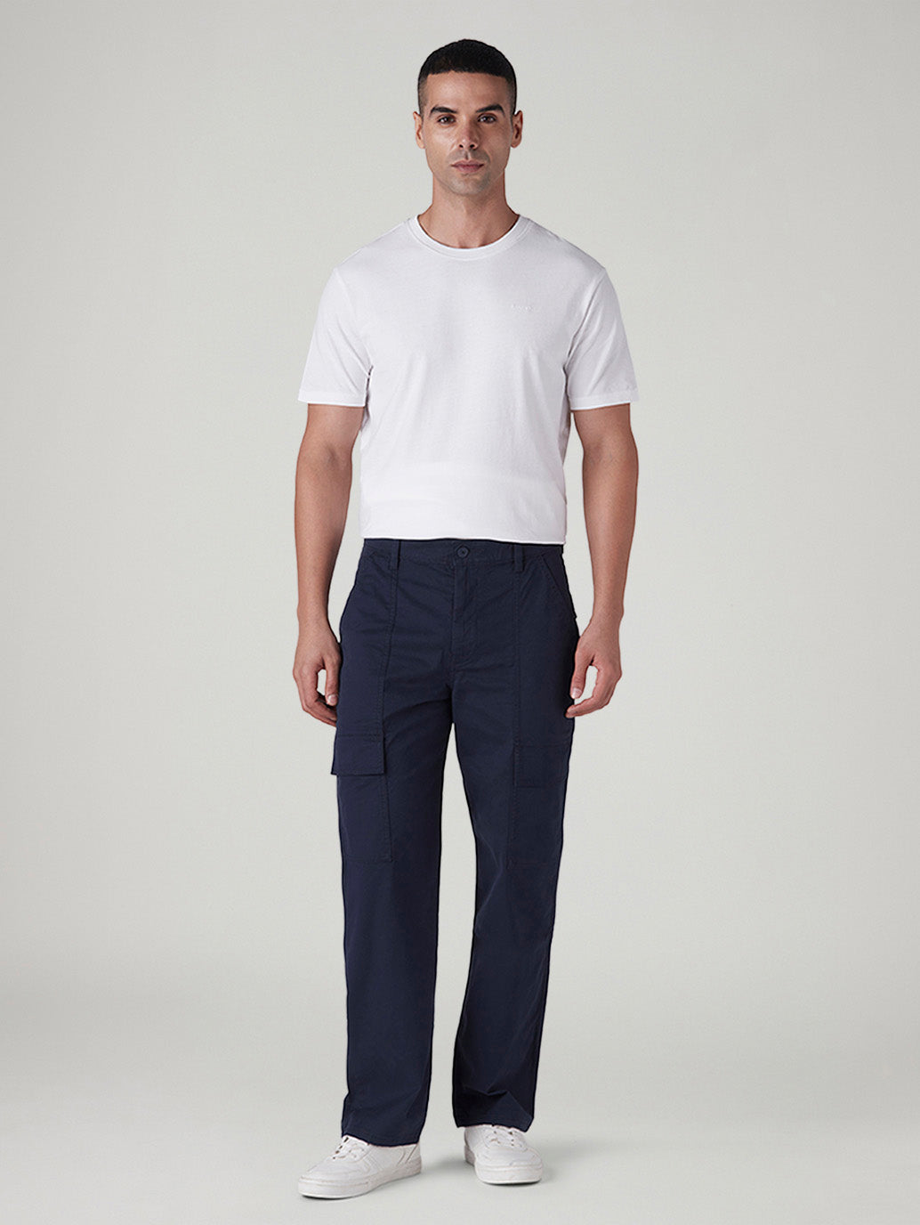 Men's Navy Straight Fit Mid Rise Cargos - Front View