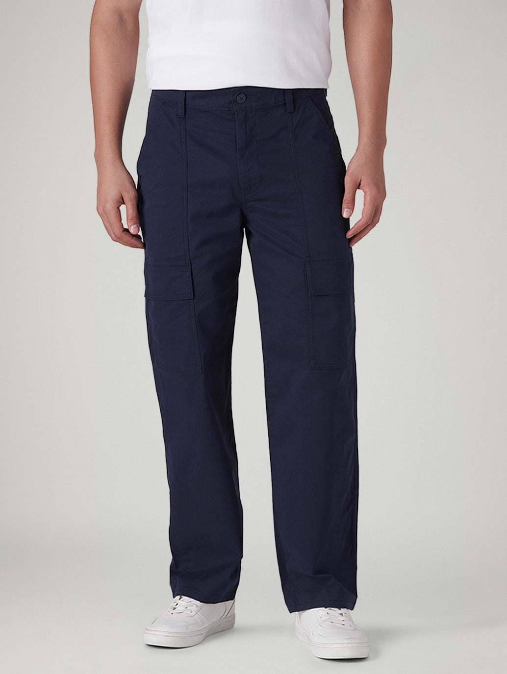 Men's Navy Straight Fit Mid Rise Cargos - Front View