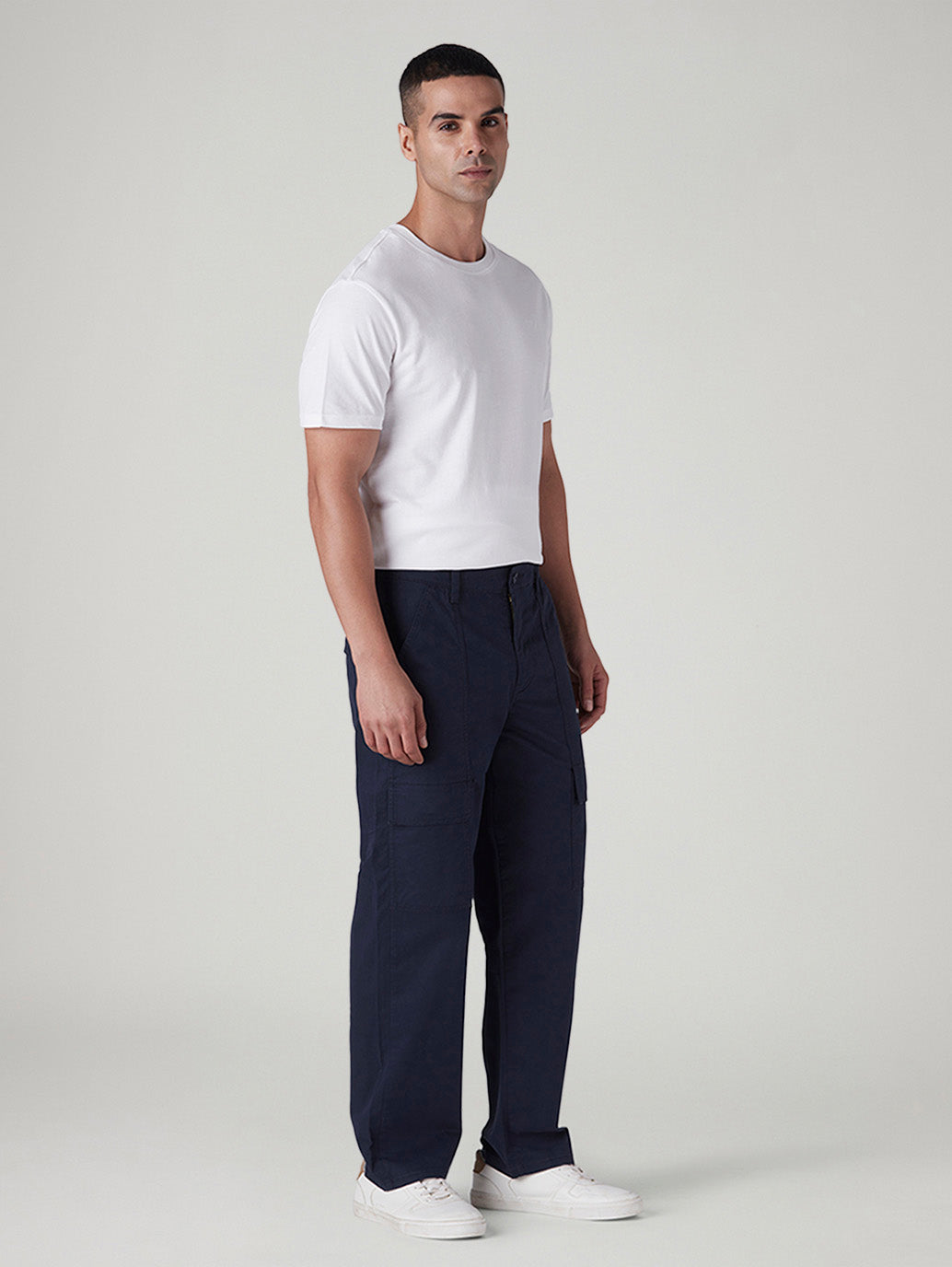 Men's Navy Straight Fit Mid Rise Cargos - Side View