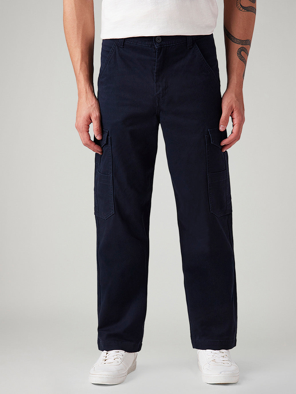 Men's Navy Straight Fit Mid Rise Commuter Cargos - Front View