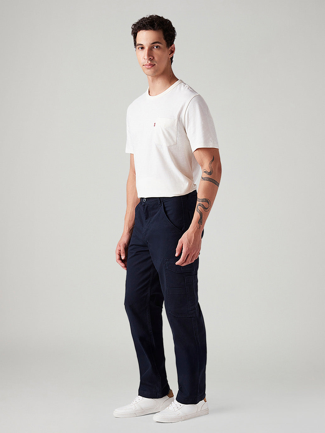 Men's Navy Straight Fit Mid Rise Commuter Cargos - Side View