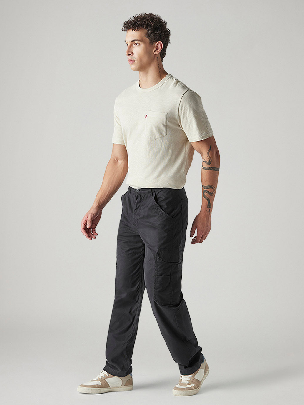 Men's Black Straight Fit Mid Rise Cargos - Side View
