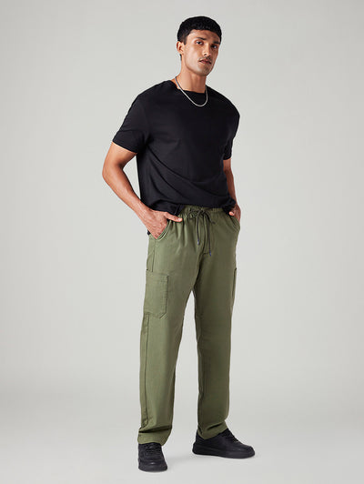 Men's Olive Relaxed Tapered Fit Mid Rise Linen Cargos