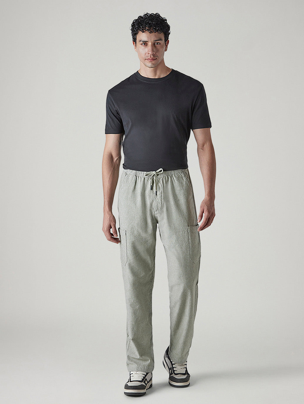 Men's Olive Relaxed Tapered Fit Mid Rise Linen Cargos - 682716b7-ceaf-4d80-bb06-046e837b0947 View