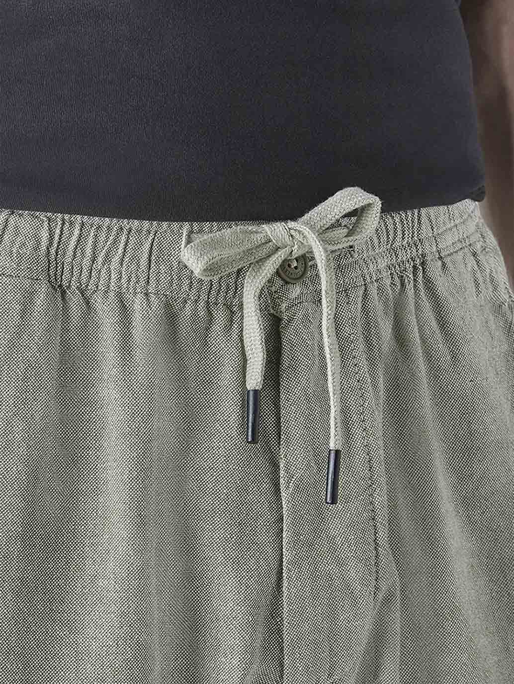 Men's Olive Relaxed Tapered Fit Mid Rise Linen Cargos - Detail View