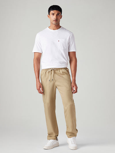 Men's Khaki Relaxed Tapered Fit Mid Rise Linen Cargos