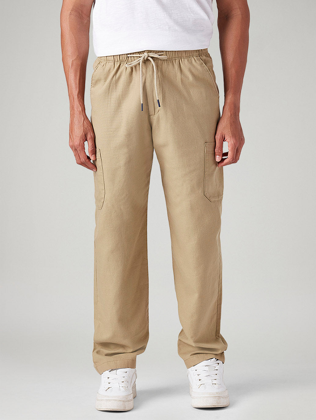 Men's Khaki Relaxed Tapered Fit Mid Rise Linen Cargos - Front View