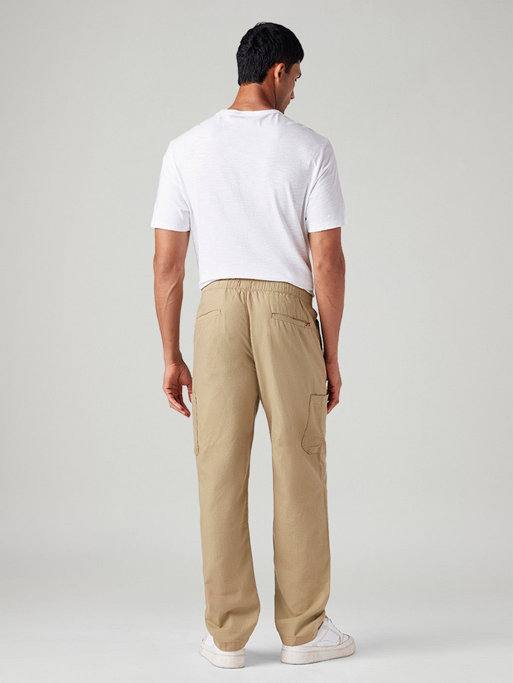 Men's Khaki Relaxed Tapered Fit Mid Rise Linen Cargos - Back View