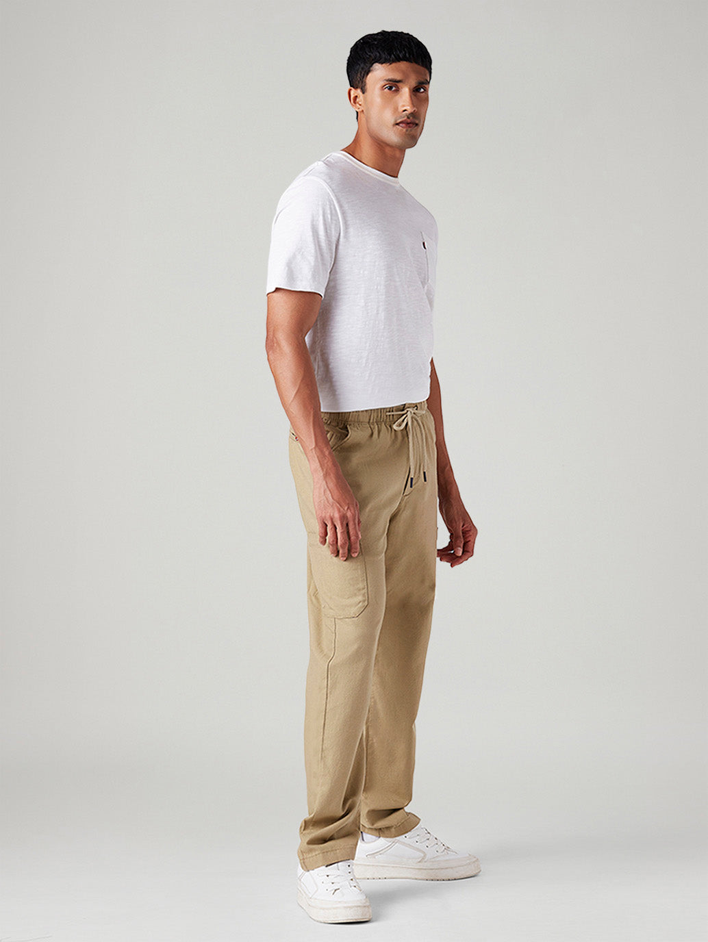 Men's Khaki Relaxed Tapered Fit Mid Rise Linen Cargos - Side View