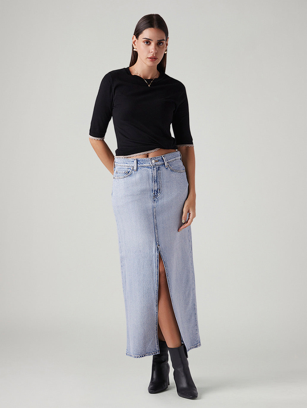 Women's Light Blue Regular Fit Mid Rise Ankle Column Skirt