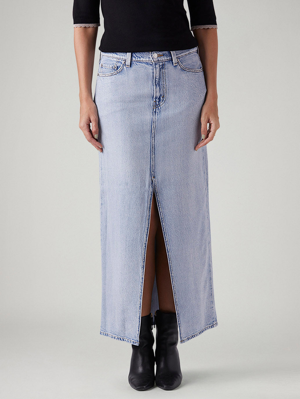 Women's Light Blue Regular Fit Mid Rise Ankle Column Skirt - Front View