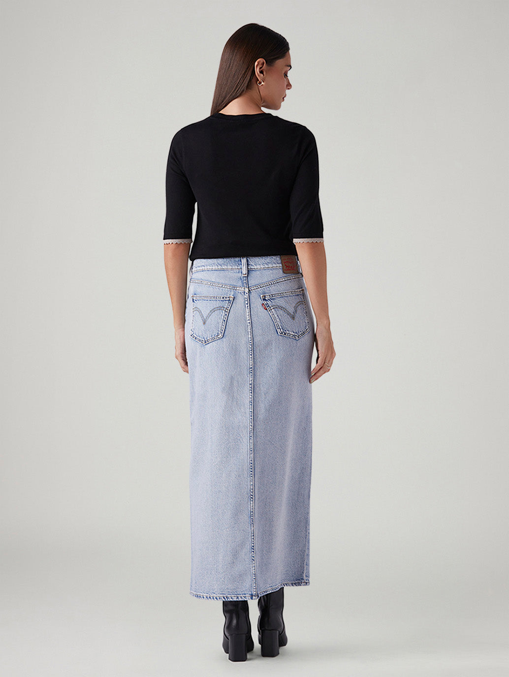 Women's Light Blue Regular Fit Mid Rise Ankle Column Skirt - Back View