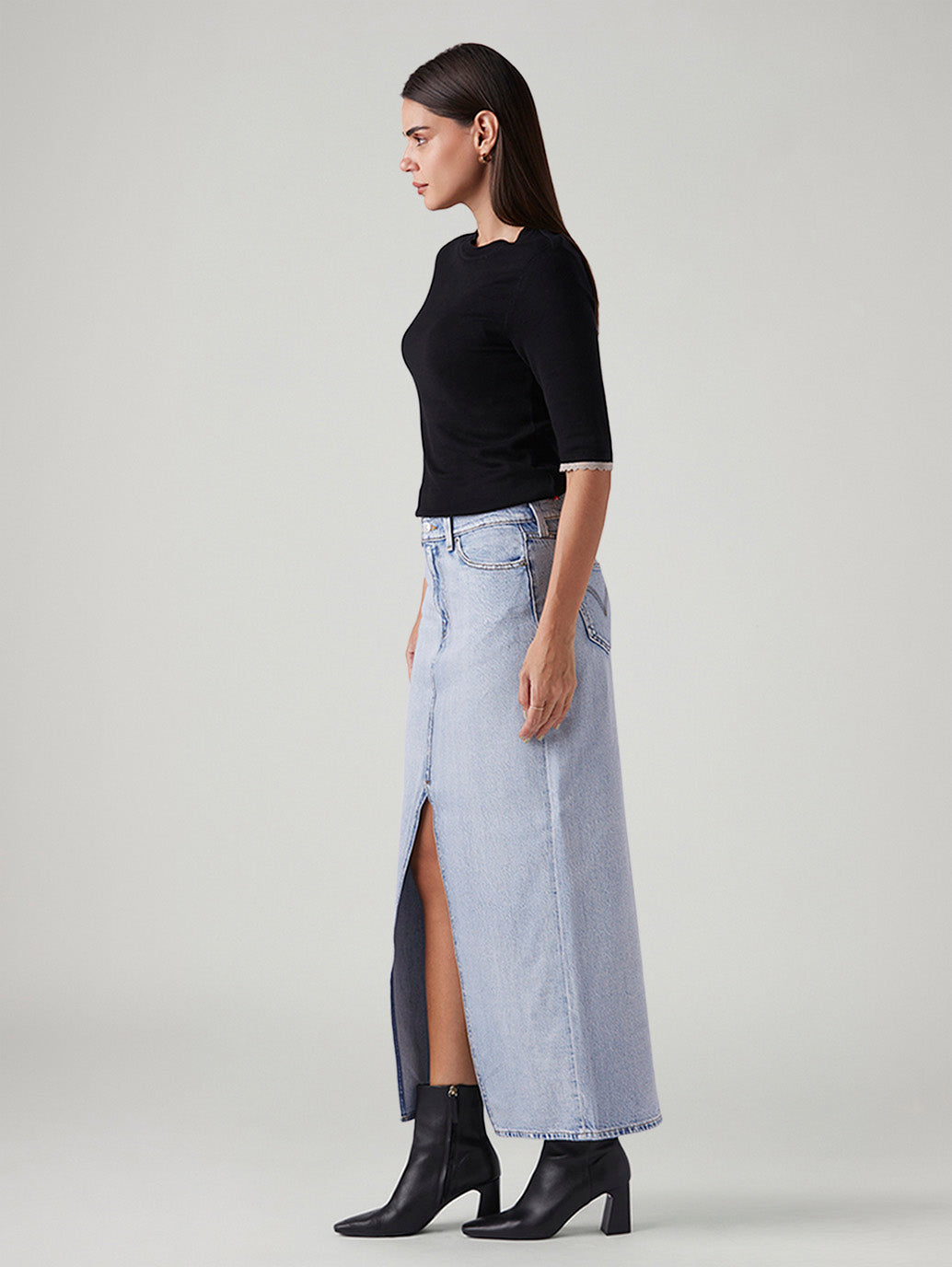 Women's Light Blue Regular Fit Mid Rise Ankle Column Skirt - Side View