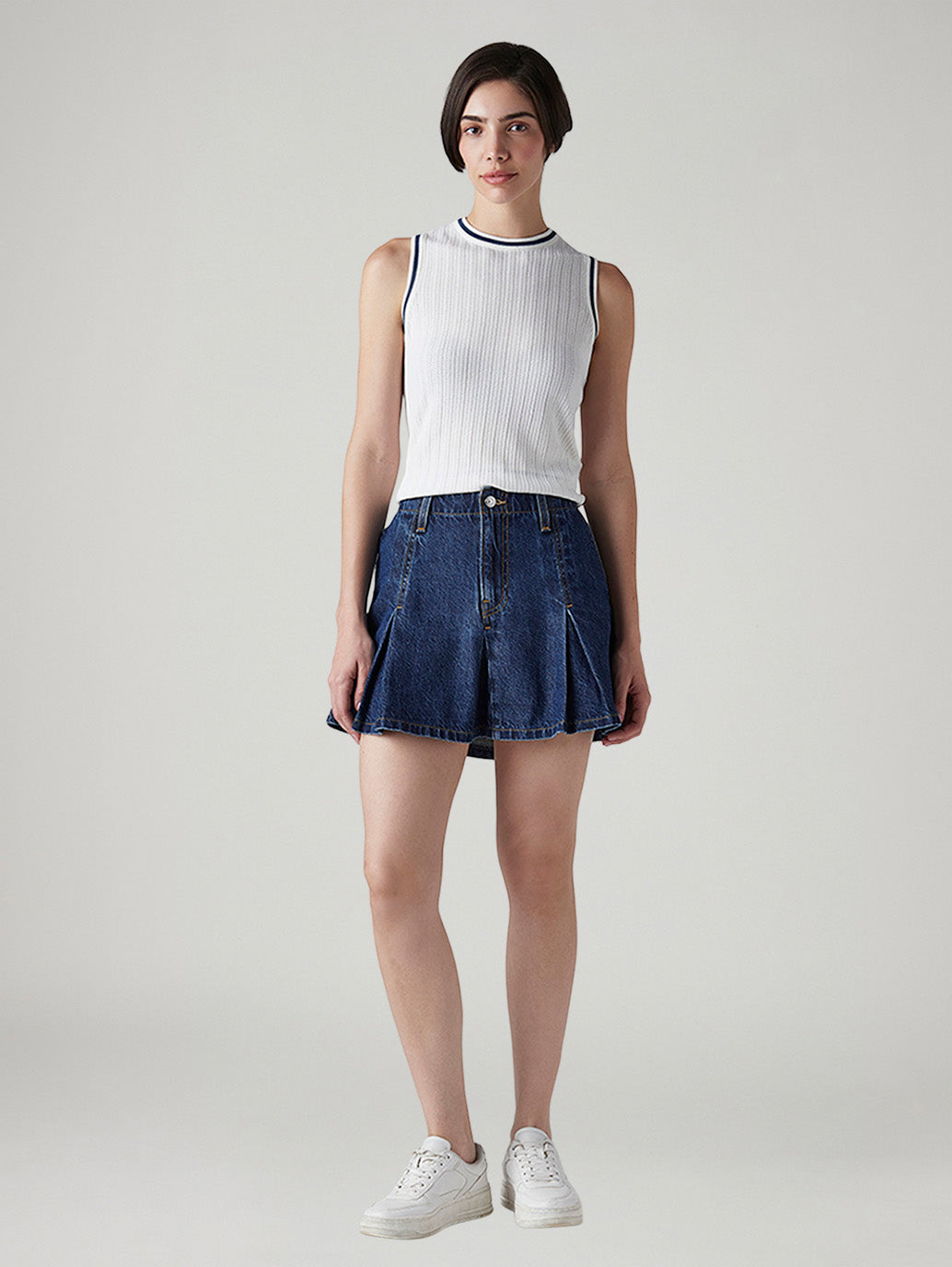 Women's Regular Fit Mid Rise Pleated Mini Denim Skirt - Front View