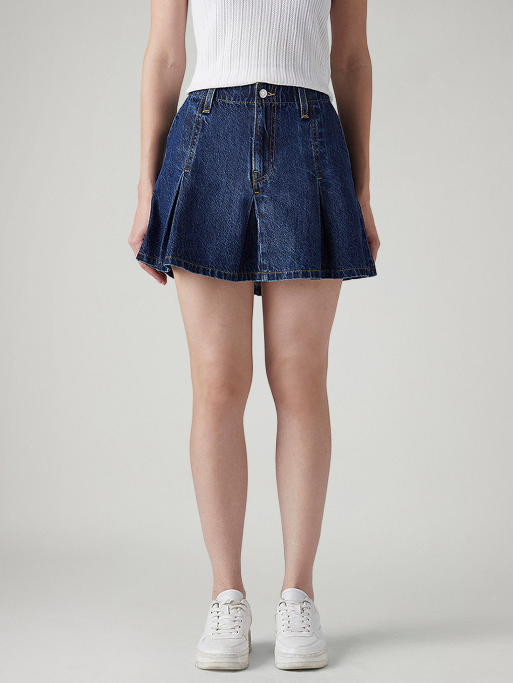 Women's Regular Fit Mid Rise Pleated Mini Denim Skirt - Front View