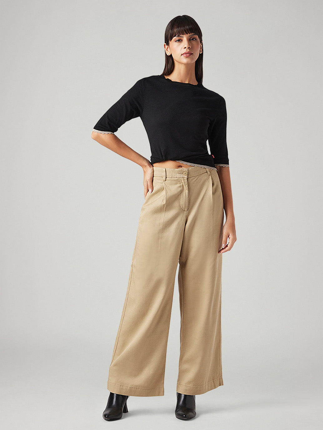 Women's Beige XL Straight Loose Fit Mid Rise Trouser - Styleshot View