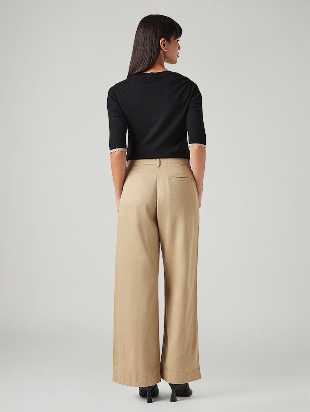 Women's Beige XL Straight Loose Fit Mid Rise Trouser - Back View