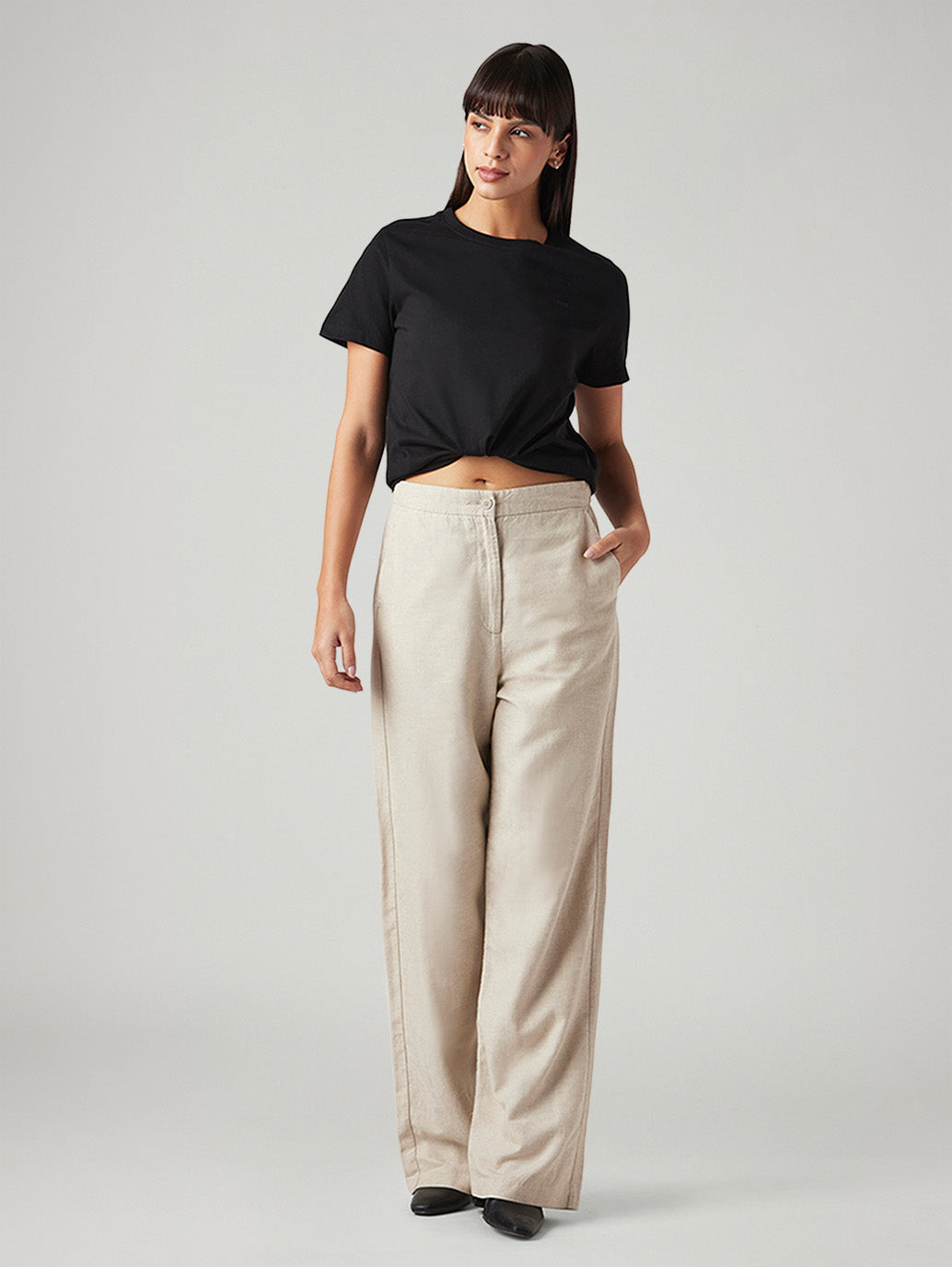Women's Beige Loose Fit High Rise Linen Trousers - Styleshot View