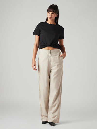 Women's Beige Loose Fit High Rise Linen Trousers