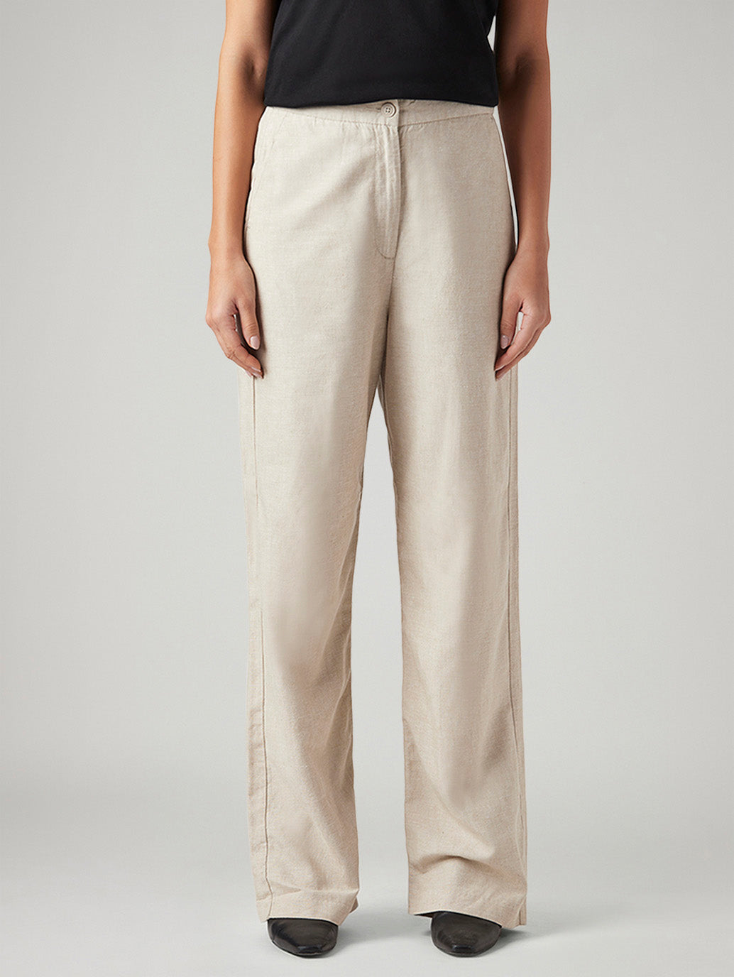 Women's Beige Loose Fit High Rise Linen Trousers - Front View