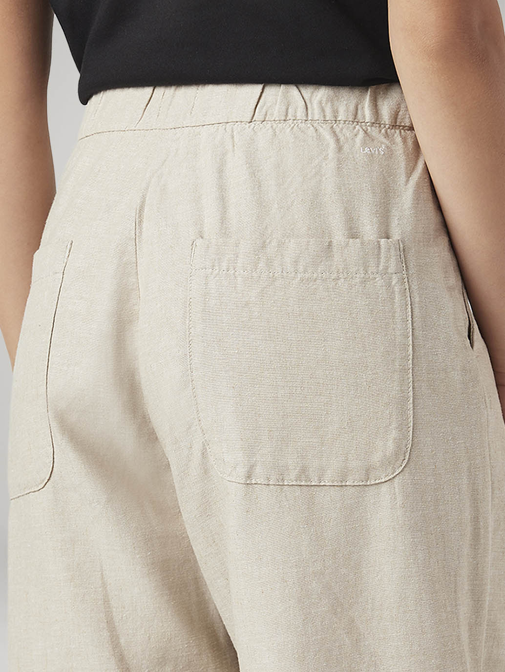 Women's Beige Loose Fit High Rise Linen Trousers - Detail View