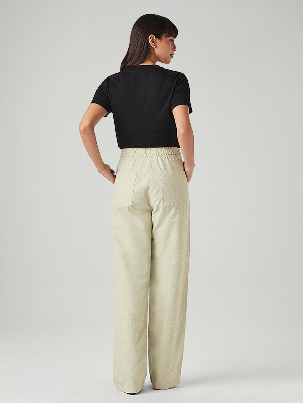 Women's Light Green Loose Fit High Rise Linen Trousers - Back View