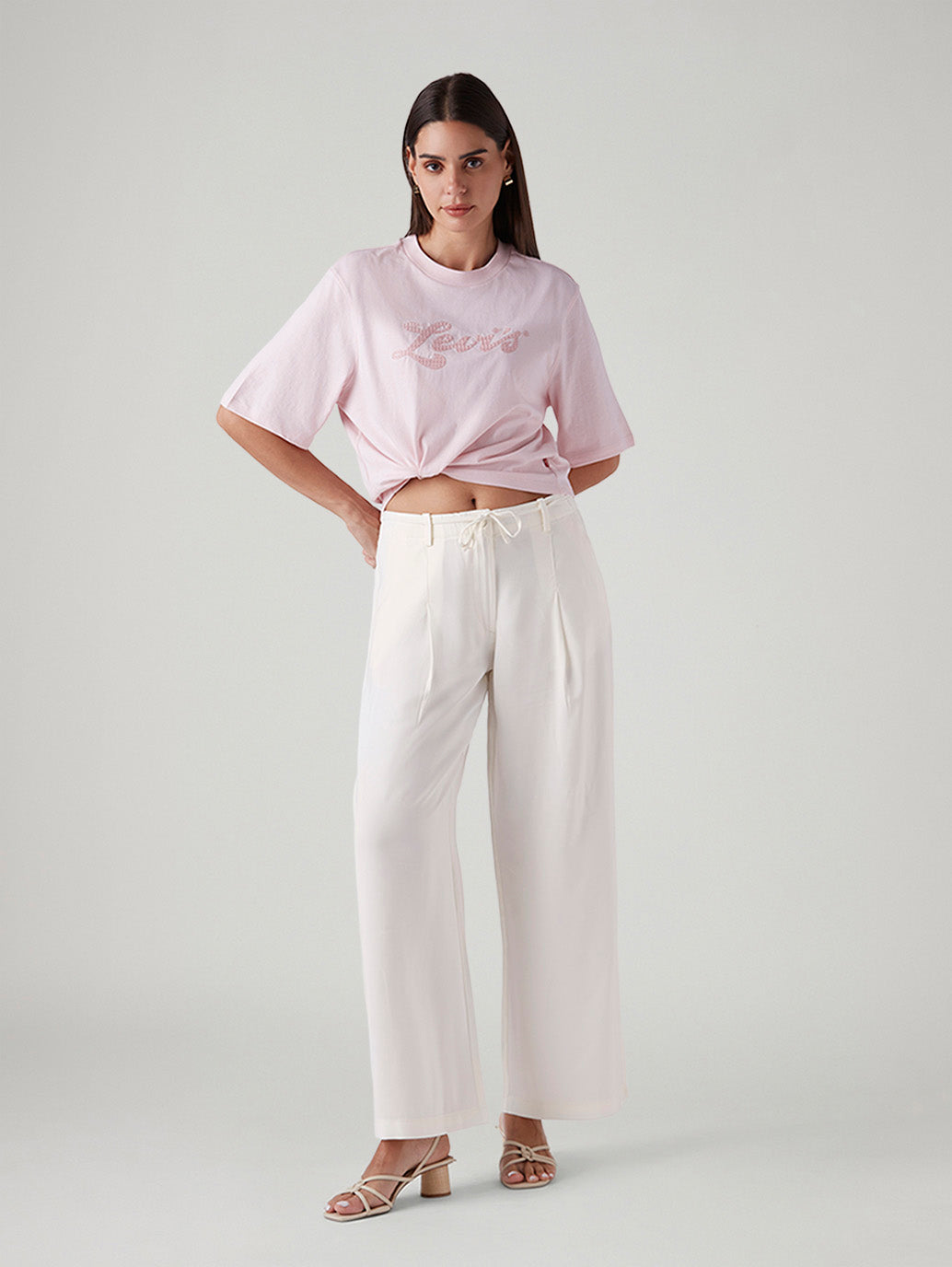 Women's Off White XL Straight Loose Fit Mid Rise Trousers