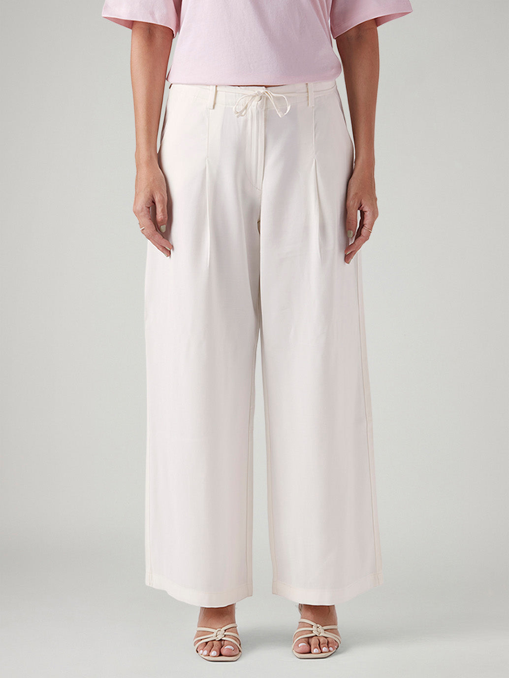 Women's Off White XL Straight Loose Fit Mid Rise Trousers - Front View