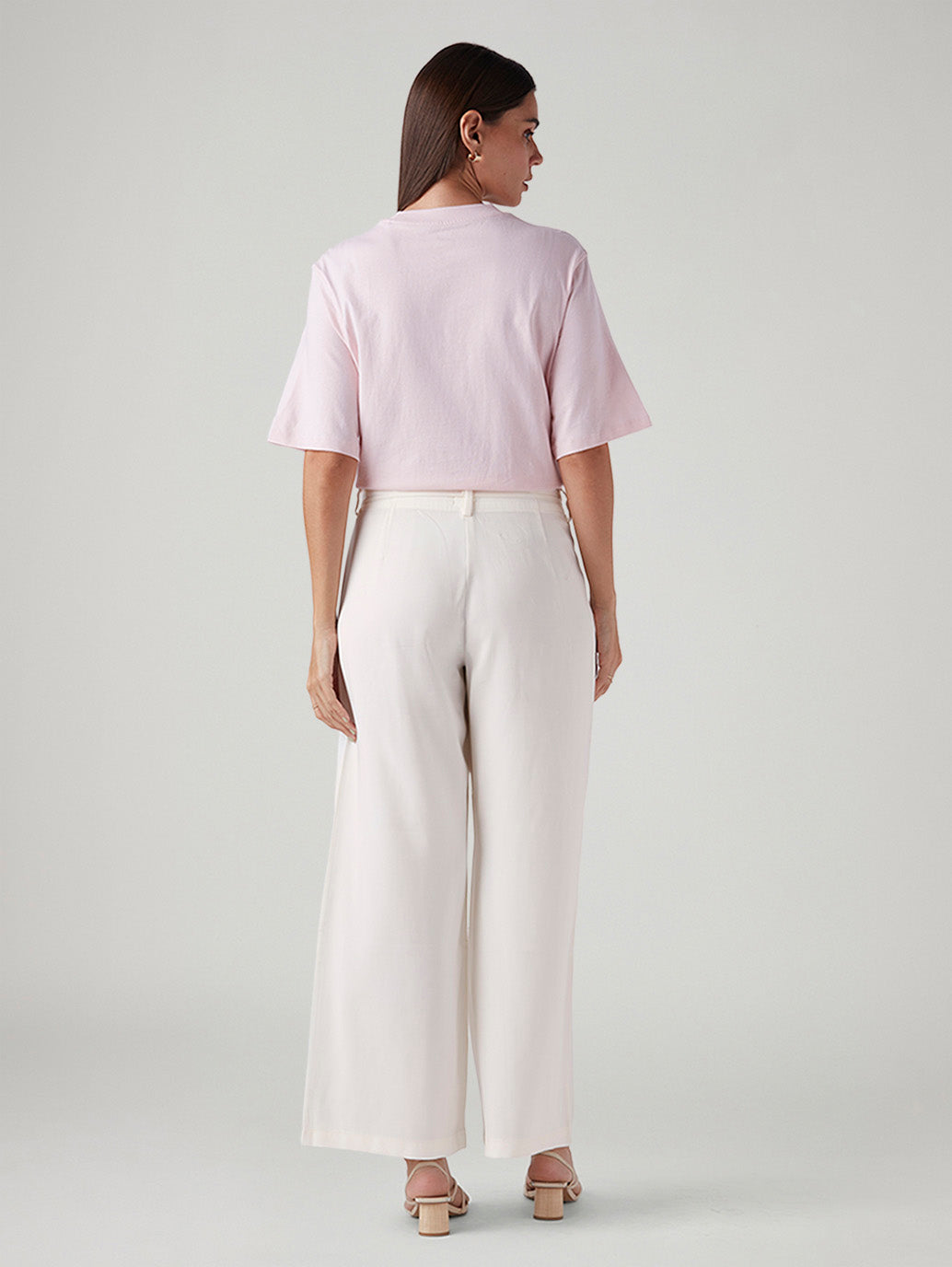 Women's Off White XL Straight Loose Fit Mid Rise Trousers - Back View