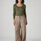 Women's Taupe XL Straight Loose Fit Mid Rise Trousers - Styleshot View
