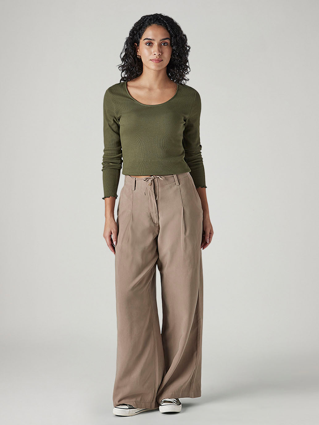Women's Taupe XL Straight Loose Fit Mid Rise Trousers