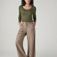 Women's Taupe XL Straight Loose Fit Mid Rise Trousers - Front View