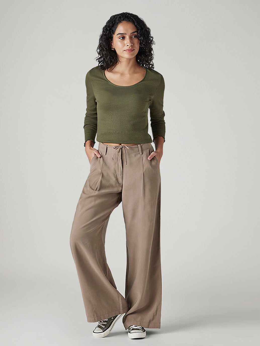 Women's Taupe XL Straight Loose Fit Mid Rise Trousers - Front View