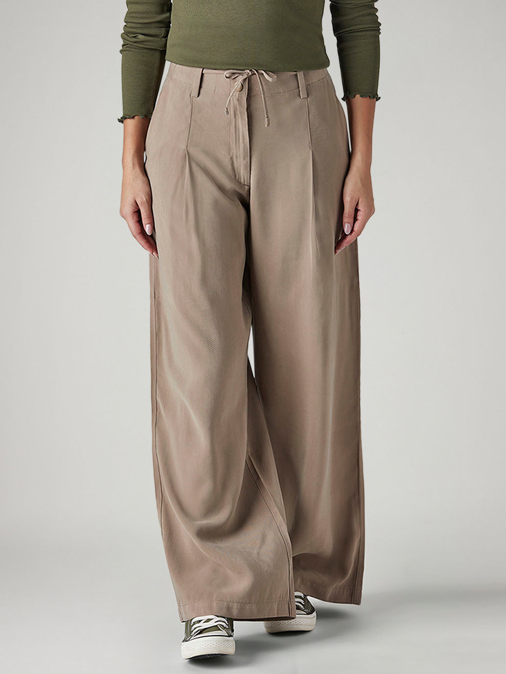 Women's Taupe XL Straight Loose Fit Mid Rise Trousers - Front View