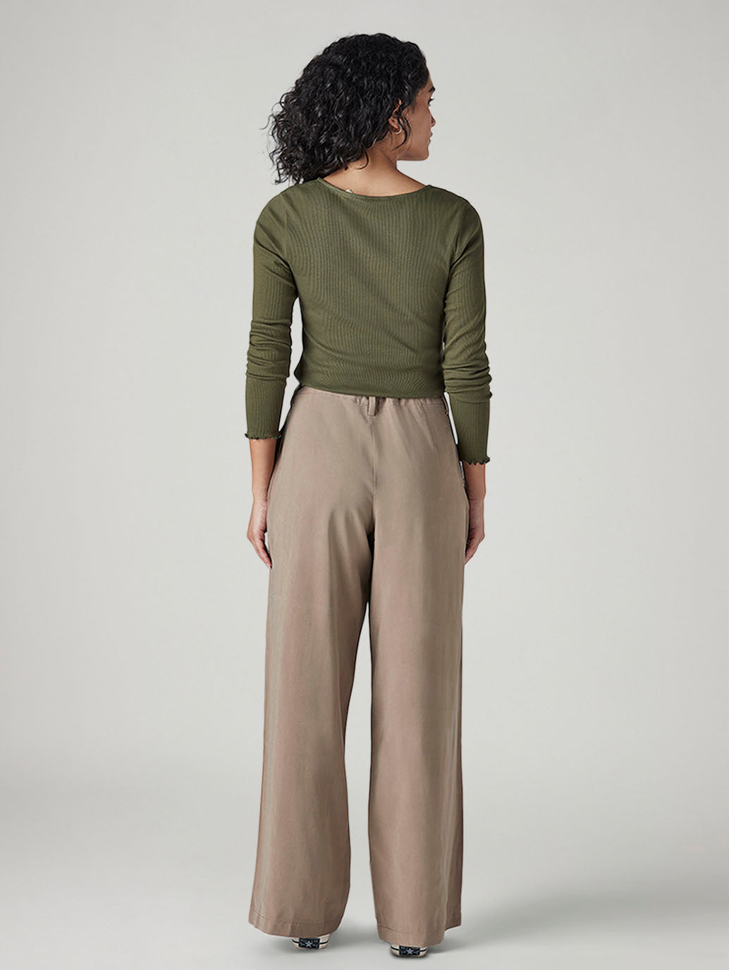 Women's Taupe XL Straight Loose Fit Mid Rise Trousers - Back View