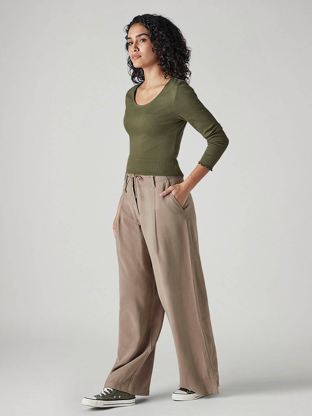 Women's Taupe XL Straight Loose Fit Mid Rise Trousers - Side View