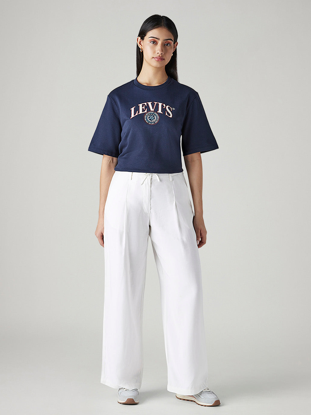 Women's White XL Straight Loose Fit Mid Rise Trousers - Front View