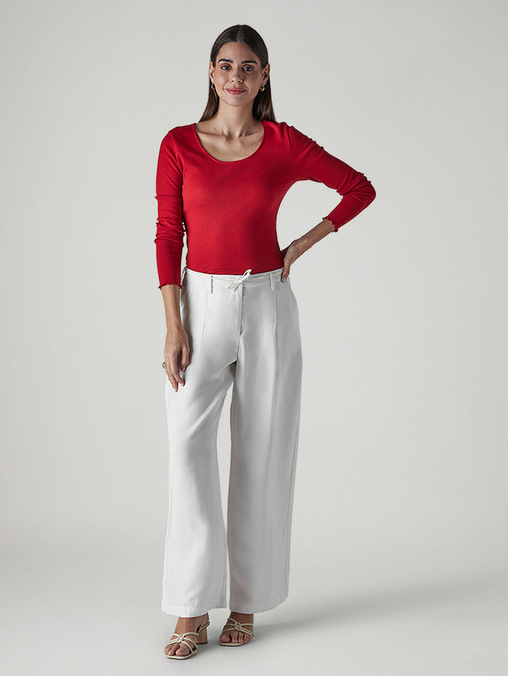 Women's White XL Straight Loose Fit Mid Rise Trousers