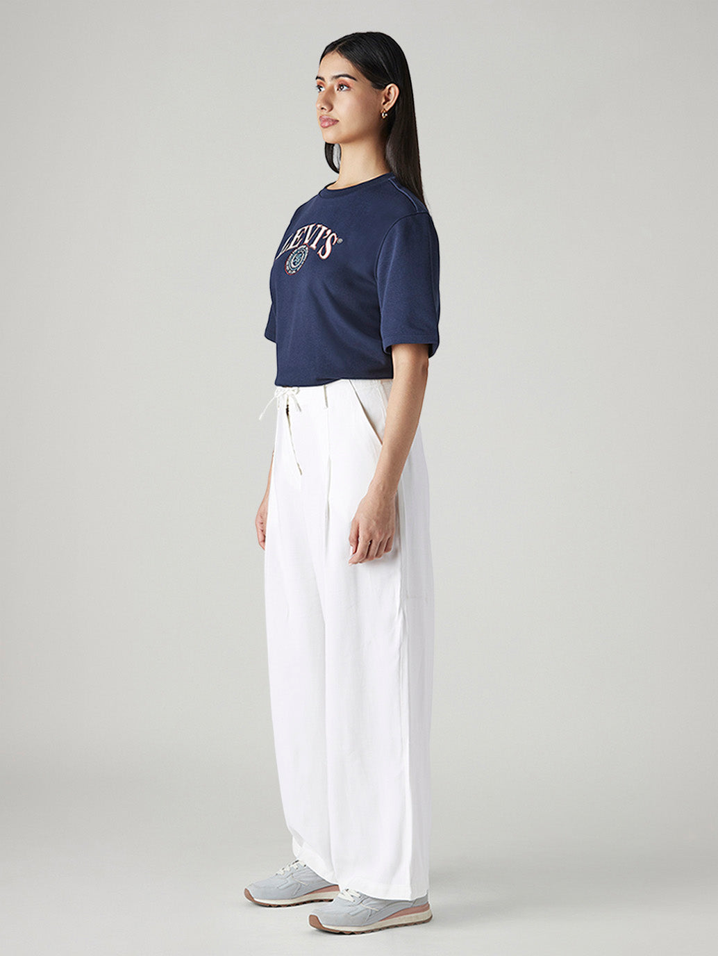 Women's White XL Straight Loose Fit Mid Rise Trousers - Side View