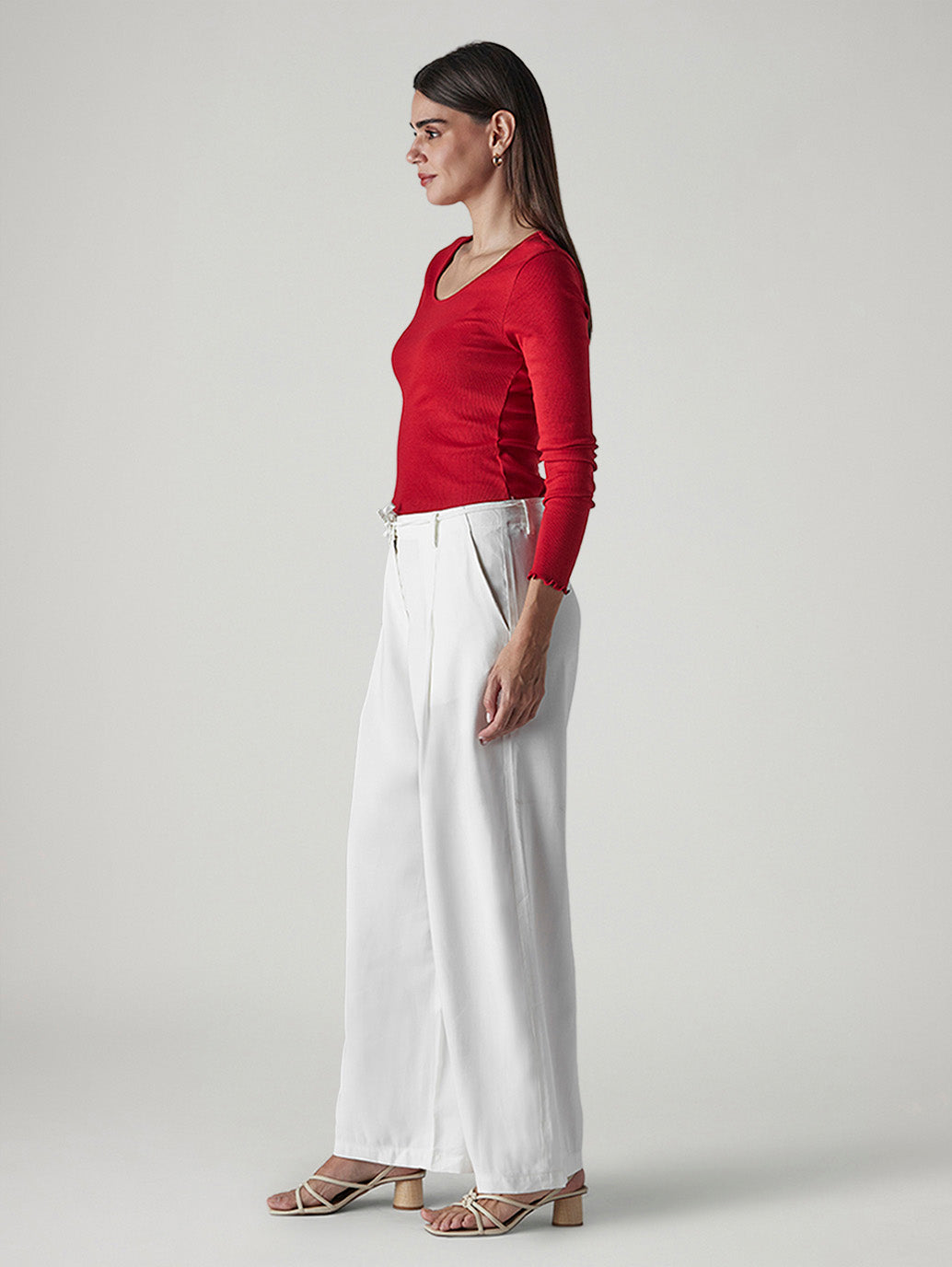 Women's White XL Straight Loose Fit Mid Rise Trousers - Side View