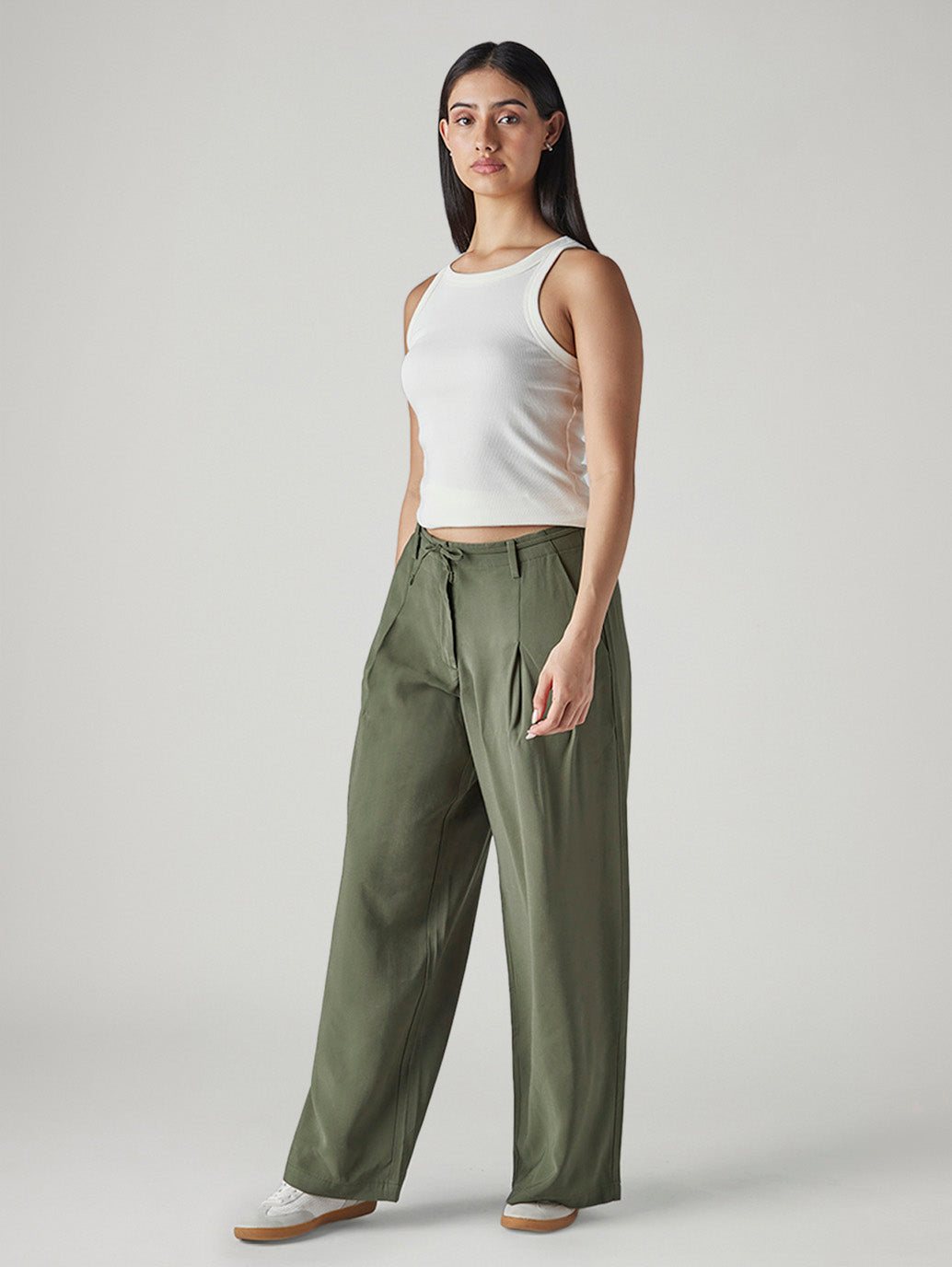 Women's Olive XL Straight Loose Fit Mid Rise Trousers - Styleshot View