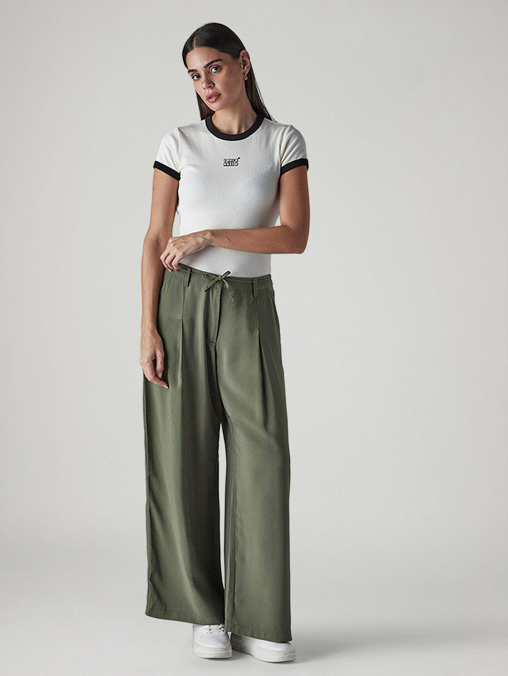 Women's Olive XL Straight Loose Fit Mid Rise Trousers