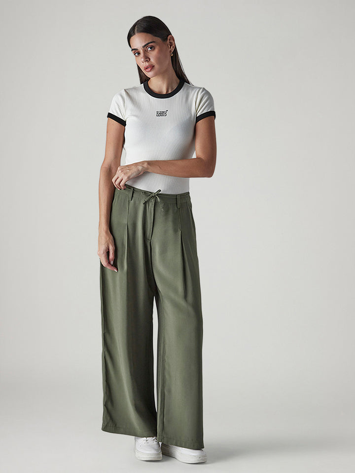Women's Olive XL Straight Loose Fit Mid Rise Trousers