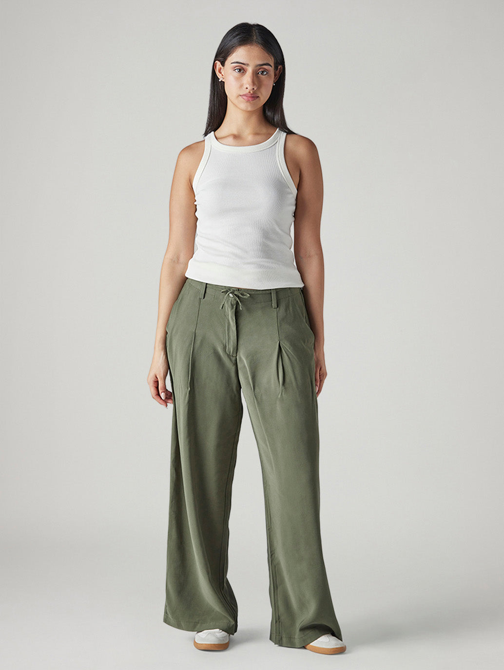 Women's Olive XL Straight Loose Fit Mid Rise Trousers