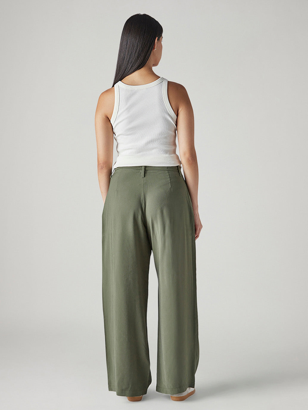 Women's Olive XL Straight Loose Fit Mid Rise Trousers - Back View