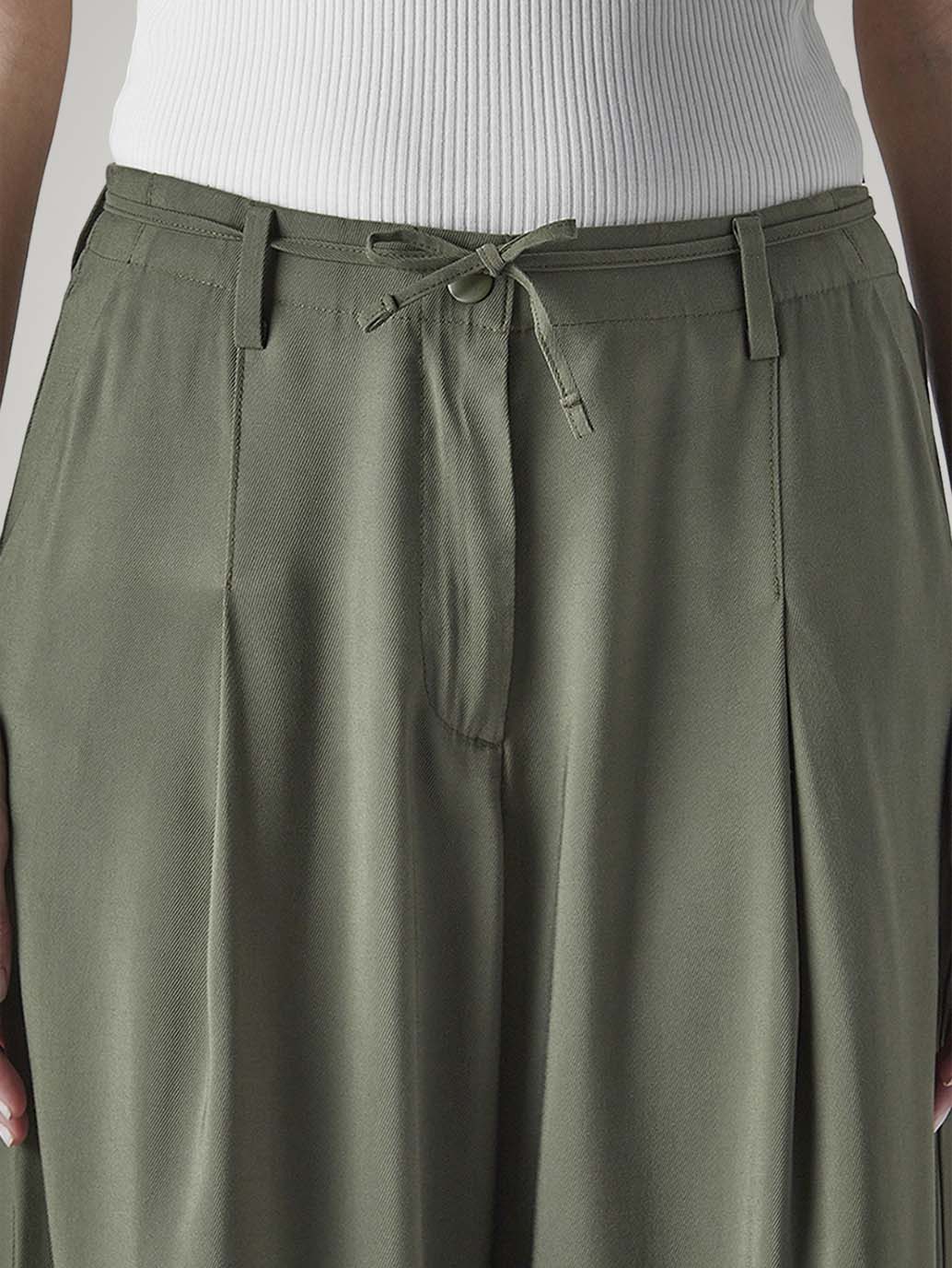Women's Olive XL Straight Loose Fit Mid Rise Trousers - Detail View