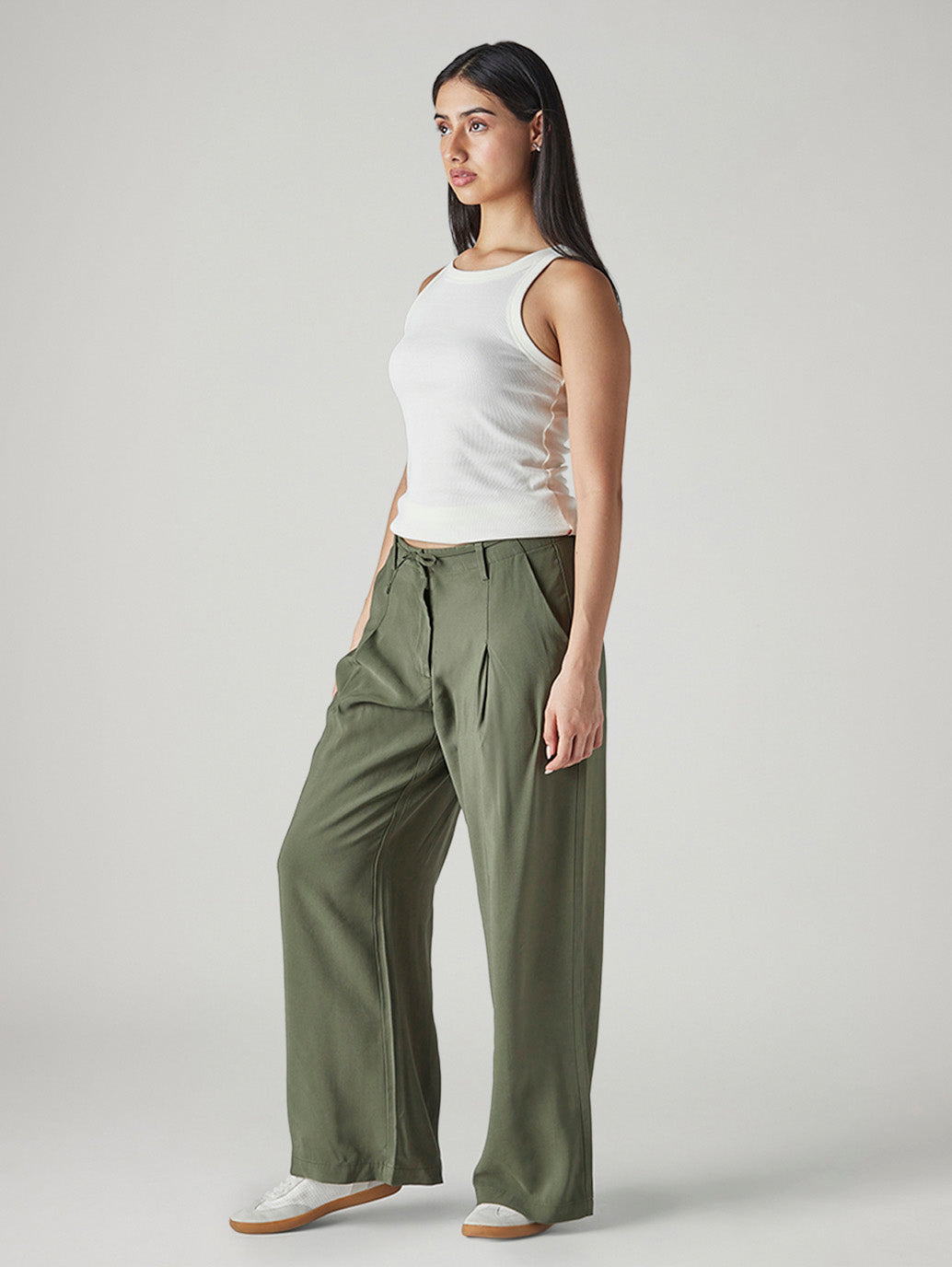Women's Olive XL Straight Loose Fit Mid Rise Trousers - Side View